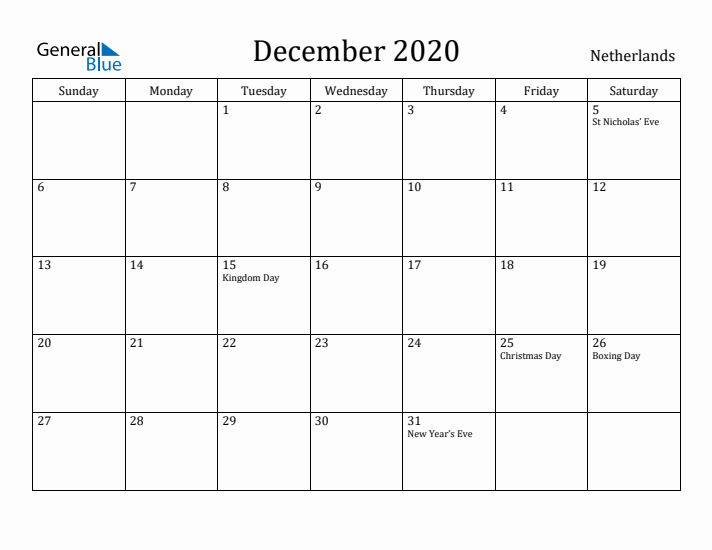 December 2020 Calendar The Netherlands