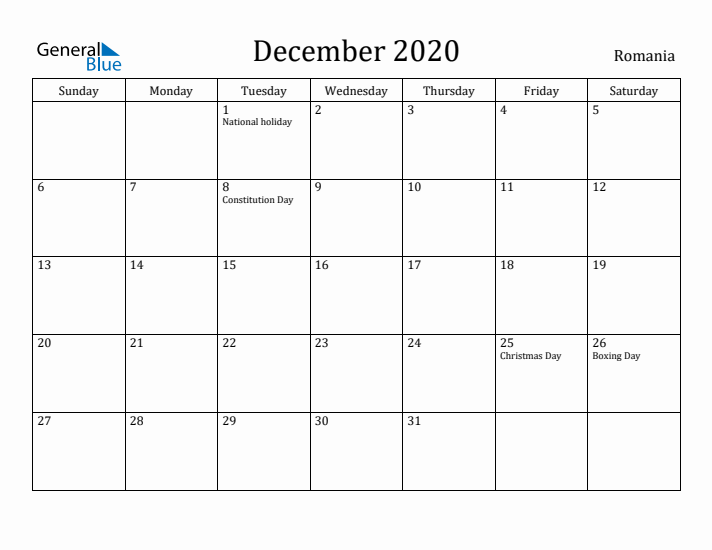 December 2020 Calendar Romania