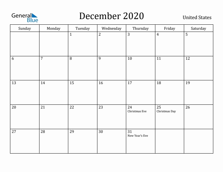 December 2020 Calendar United States