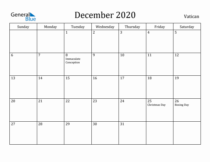 December 2020 Calendar Vatican