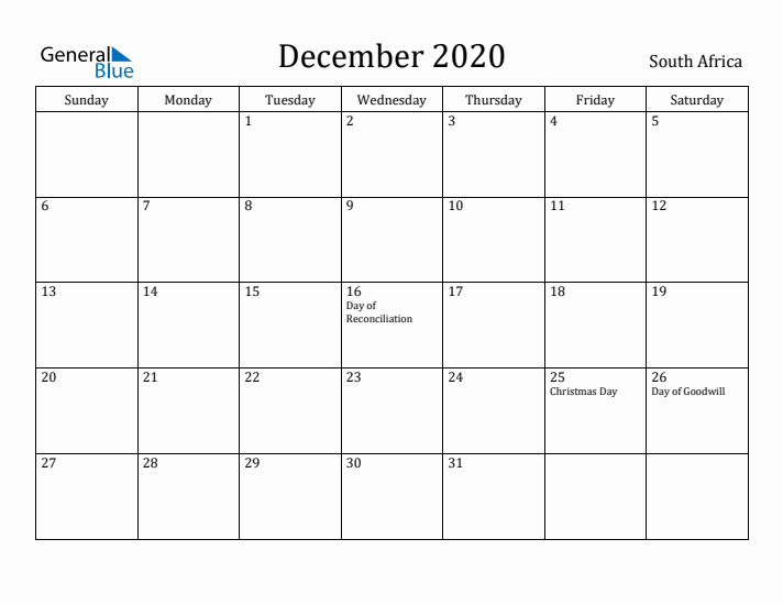 December 2020 Calendar South Africa