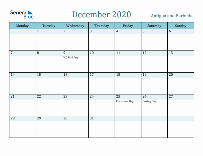 December 2020 Calendar with Holidays