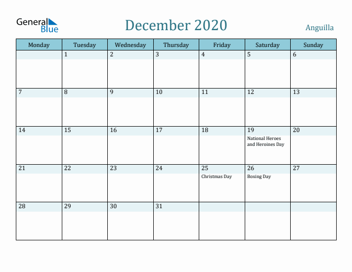 December 2020 Calendar with Holidays