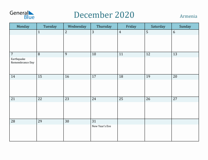 December 2020 Calendar with Holidays