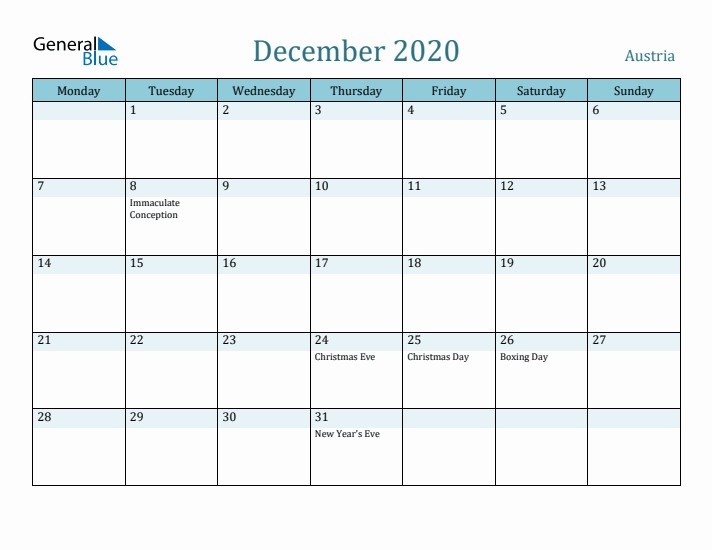 December 2020 Calendar with Holidays