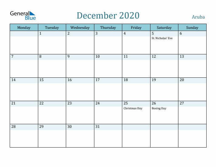 December 2020 Calendar with Holidays