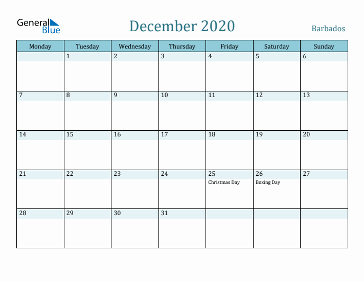 December 2020 Calendar with Holidays