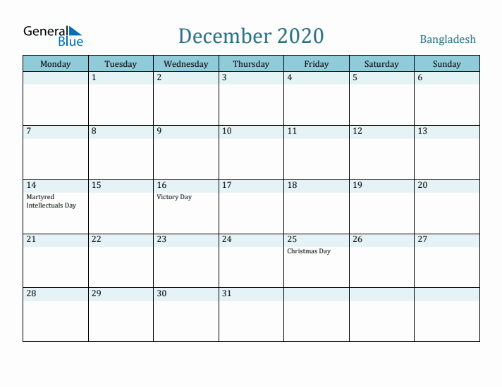 December 2020 Calendar with Holidays