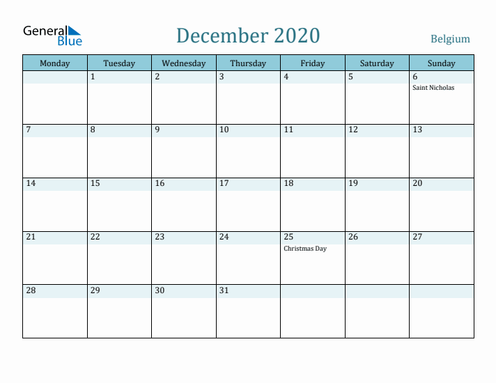 December 2020 Calendar with Holidays