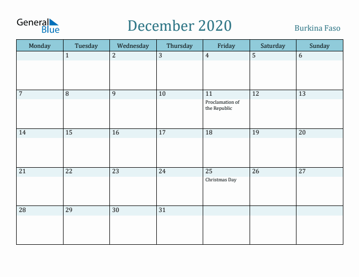 December 2020 Calendar with Holidays