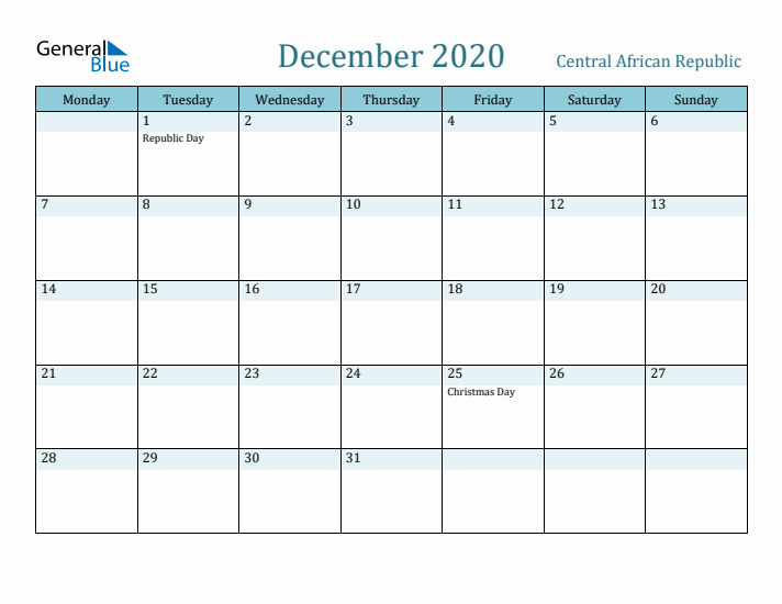 December 2020 Calendar with Holidays