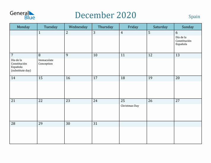 December 2020 Calendar with Holidays