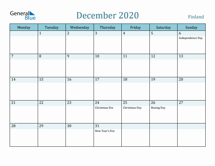 December 2020 Calendar with Holidays