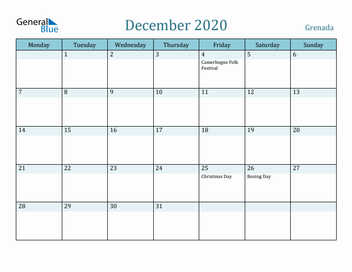 December 2020 Calendar with Holidays