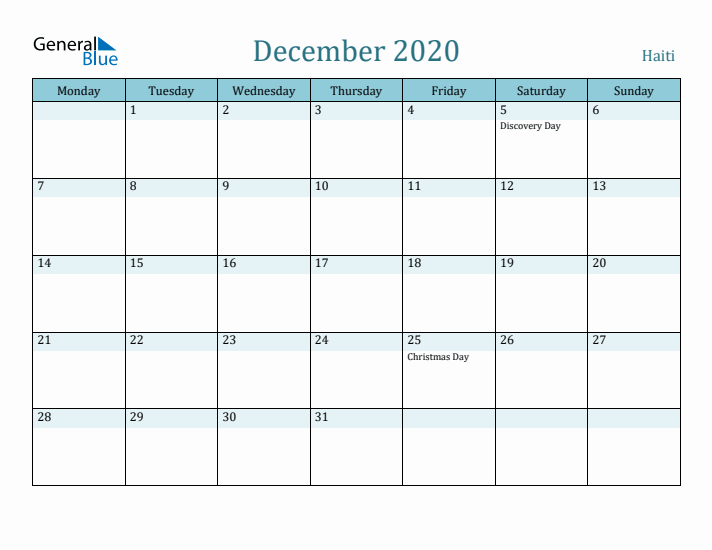 December 2020 Calendar with Holidays