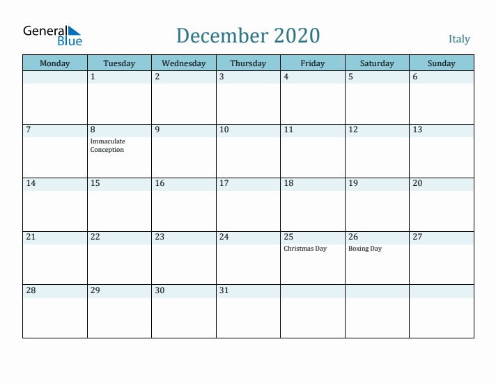 December 2020 Calendar with Holidays