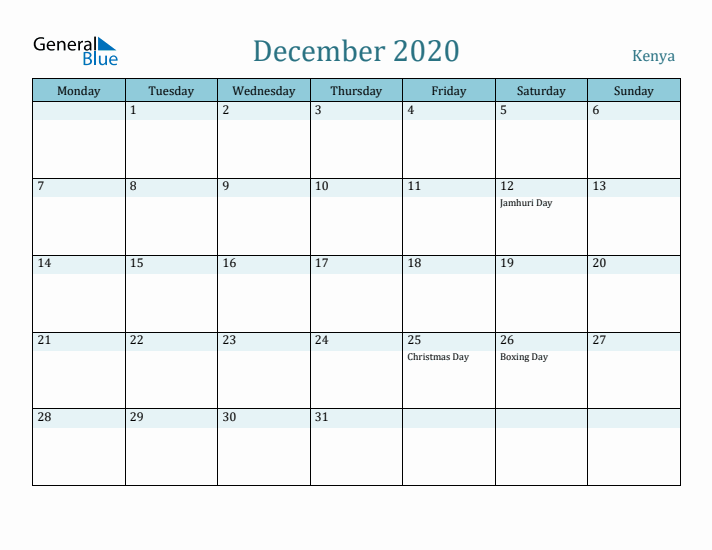 December 2020 Calendar with Holidays