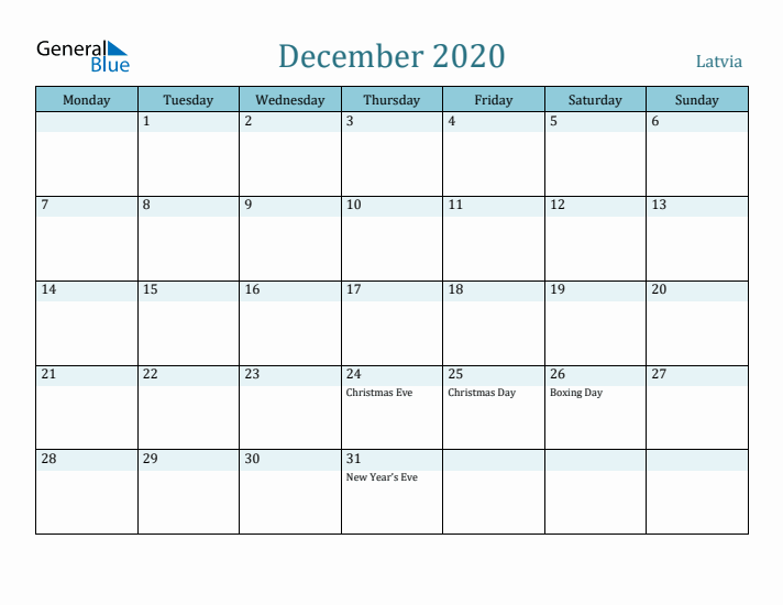 December 2020 Calendar with Holidays