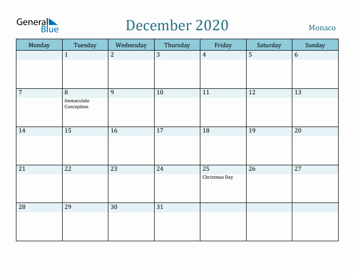 December 2020 Calendar with Holidays