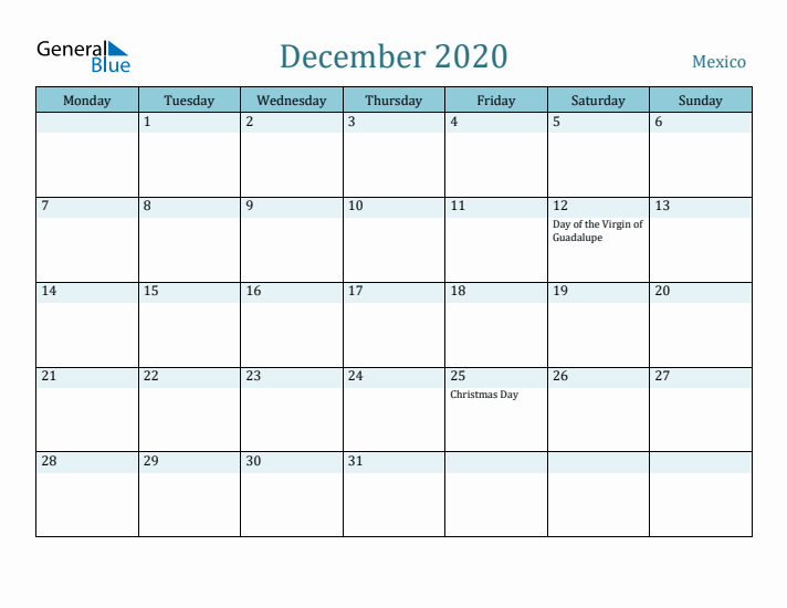 December 2020 Calendar with Holidays