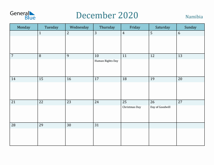 December 2020 Calendar with Holidays