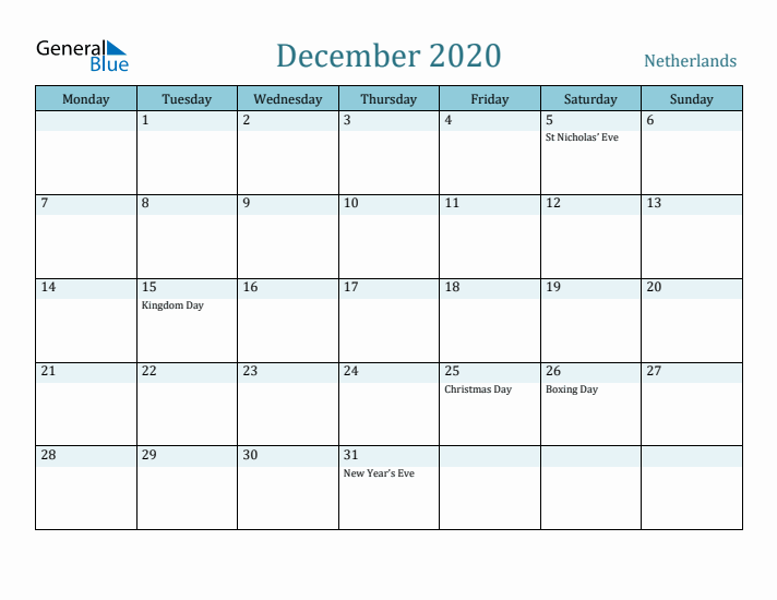 December 2020 Calendar with Holidays