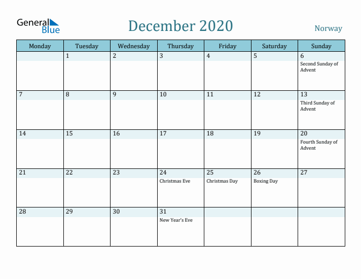 December 2020 Calendar with Holidays