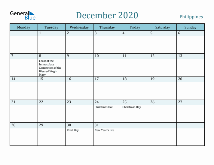 December 2020 Calendar with Holidays