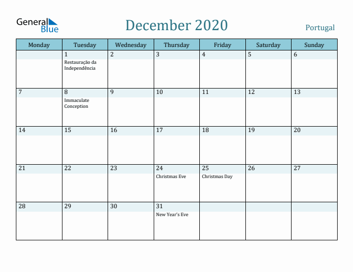 December 2020 Calendar with Holidays