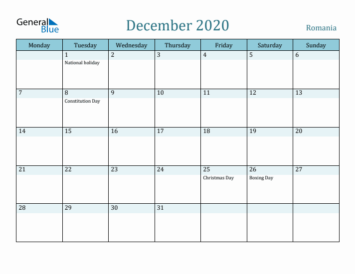 December 2020 Calendar with Holidays