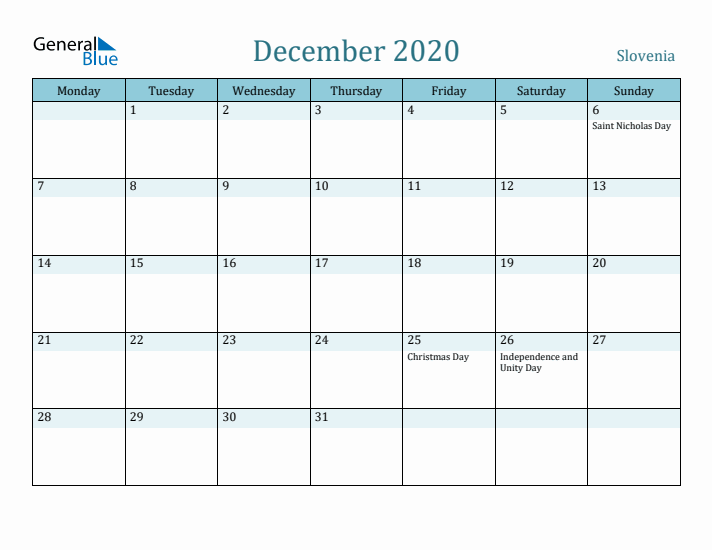 December 2020 Calendar with Holidays