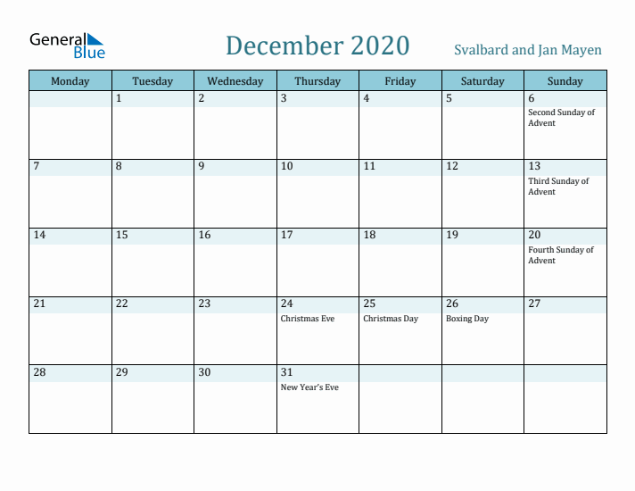 December 2020 Calendar with Holidays