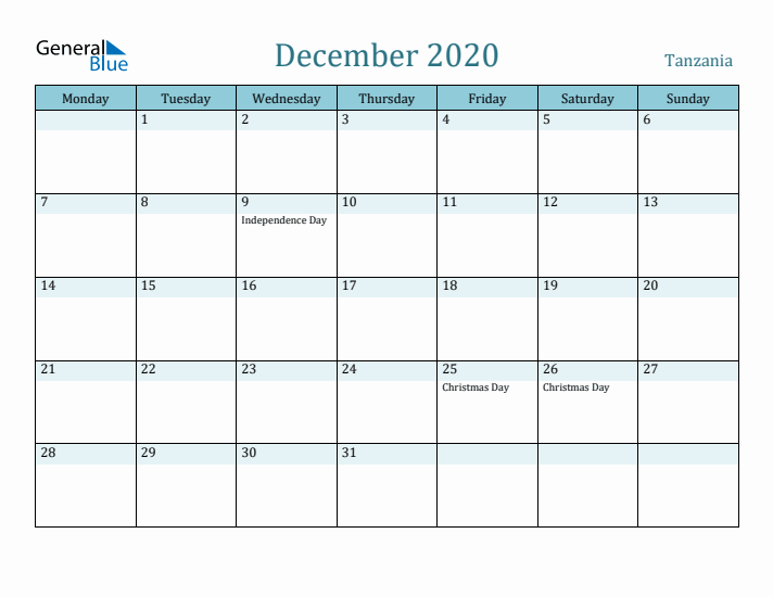 December 2020 Calendar with Holidays