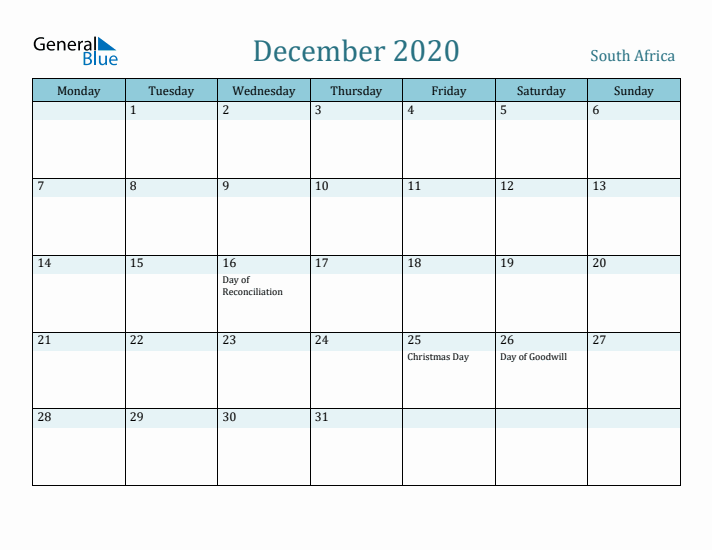 December 2020 Calendar with Holidays