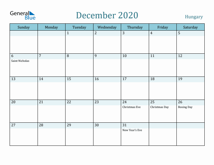 December 2020 Calendar with Holidays