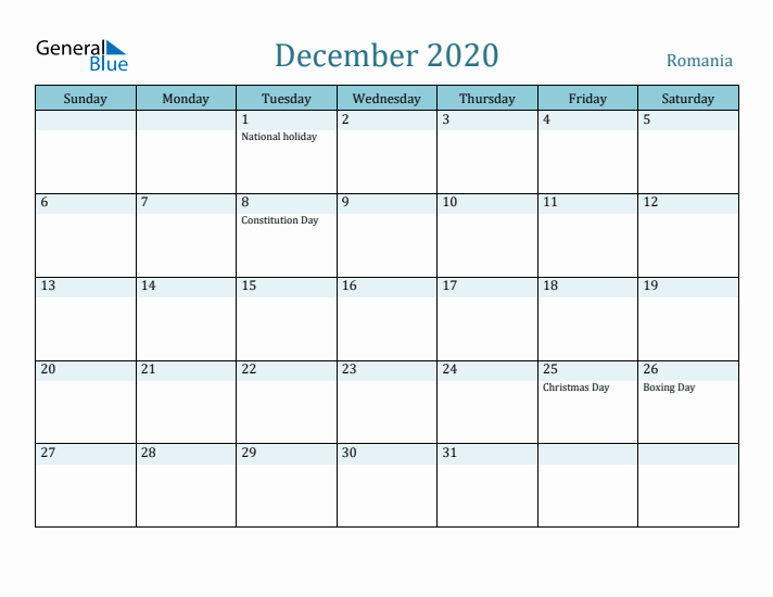 December 2020 Calendar with Holidays