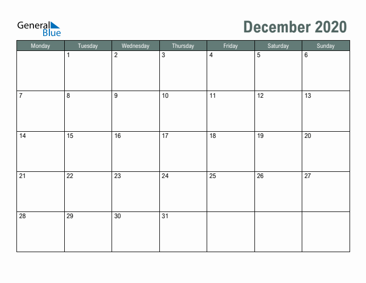 Free Printable December 2020 Calendar