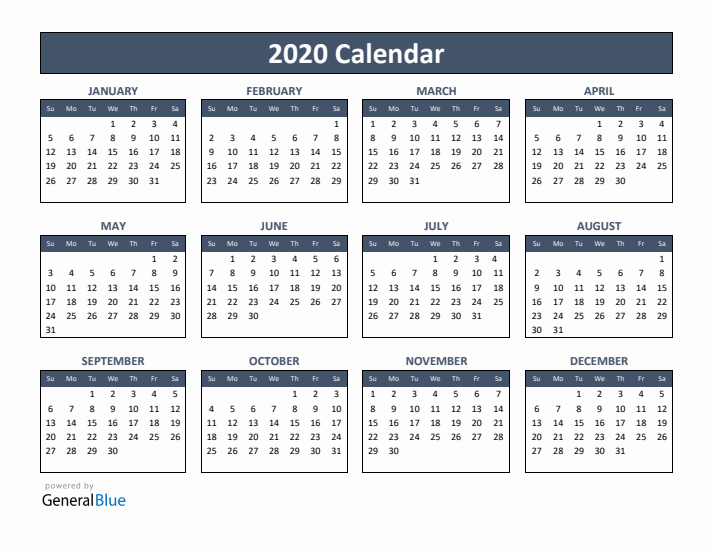 Basic Annual Calendar for Year 2020