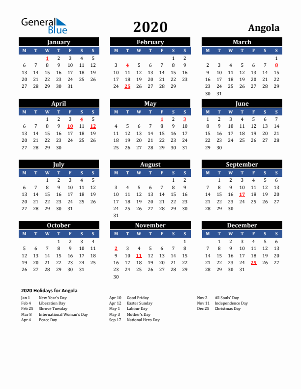 2020 Angola Holiday Calendar