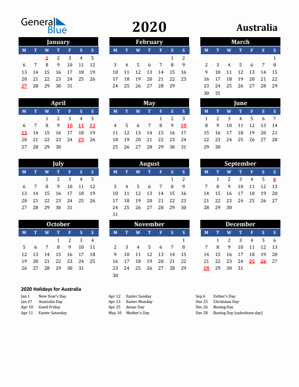 2020 Australia Holiday Calendar