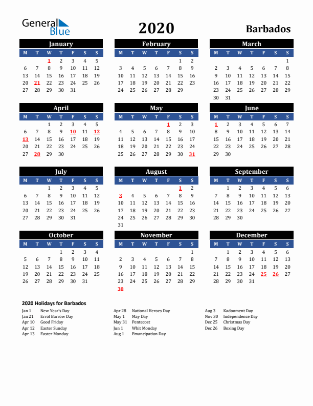 2020 Barbados Holiday Calendar