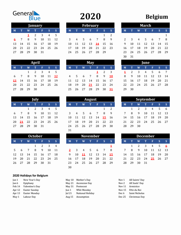 2020 Belgium Holiday Calendar