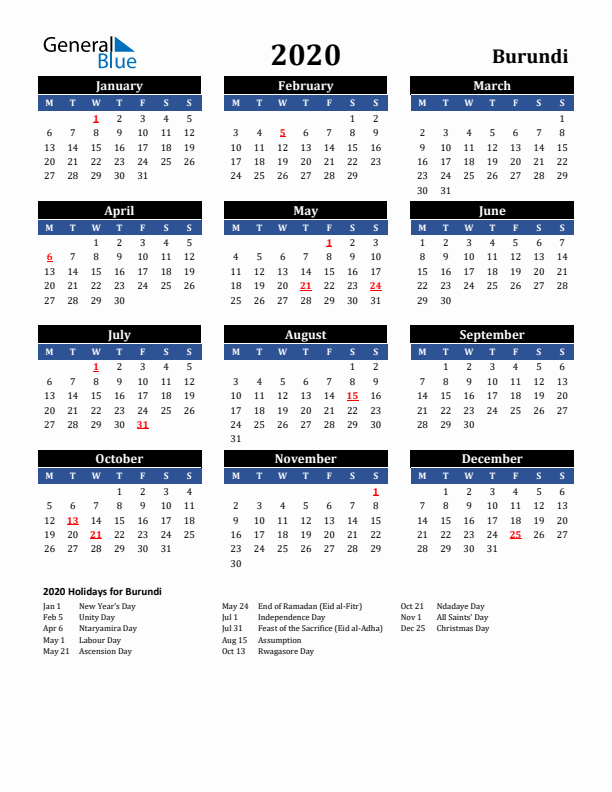 2020 Burundi Holiday Calendar