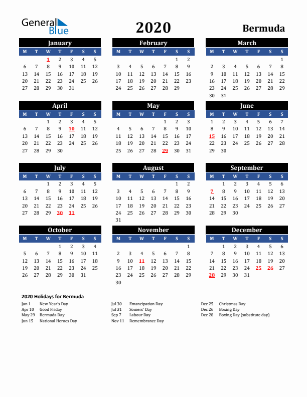 2020 Bermuda Holiday Calendar