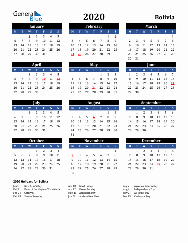 2020 Bolivia Holiday Calendar