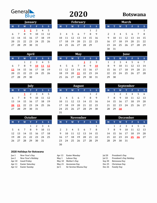 2020 Botswana Holiday Calendar