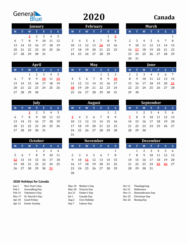 2020 Canada Holiday Calendar