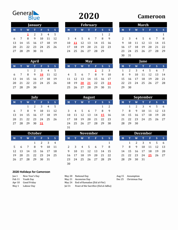 2020 Cameroon Holiday Calendar