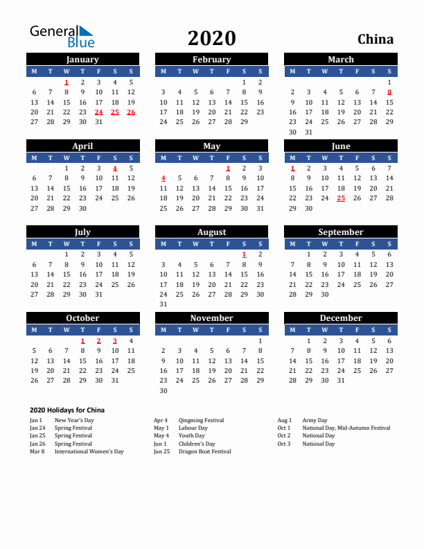 2020 China Holiday Calendar