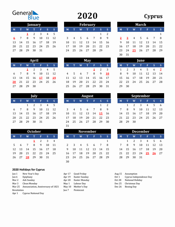 2020 Cyprus Holiday Calendar